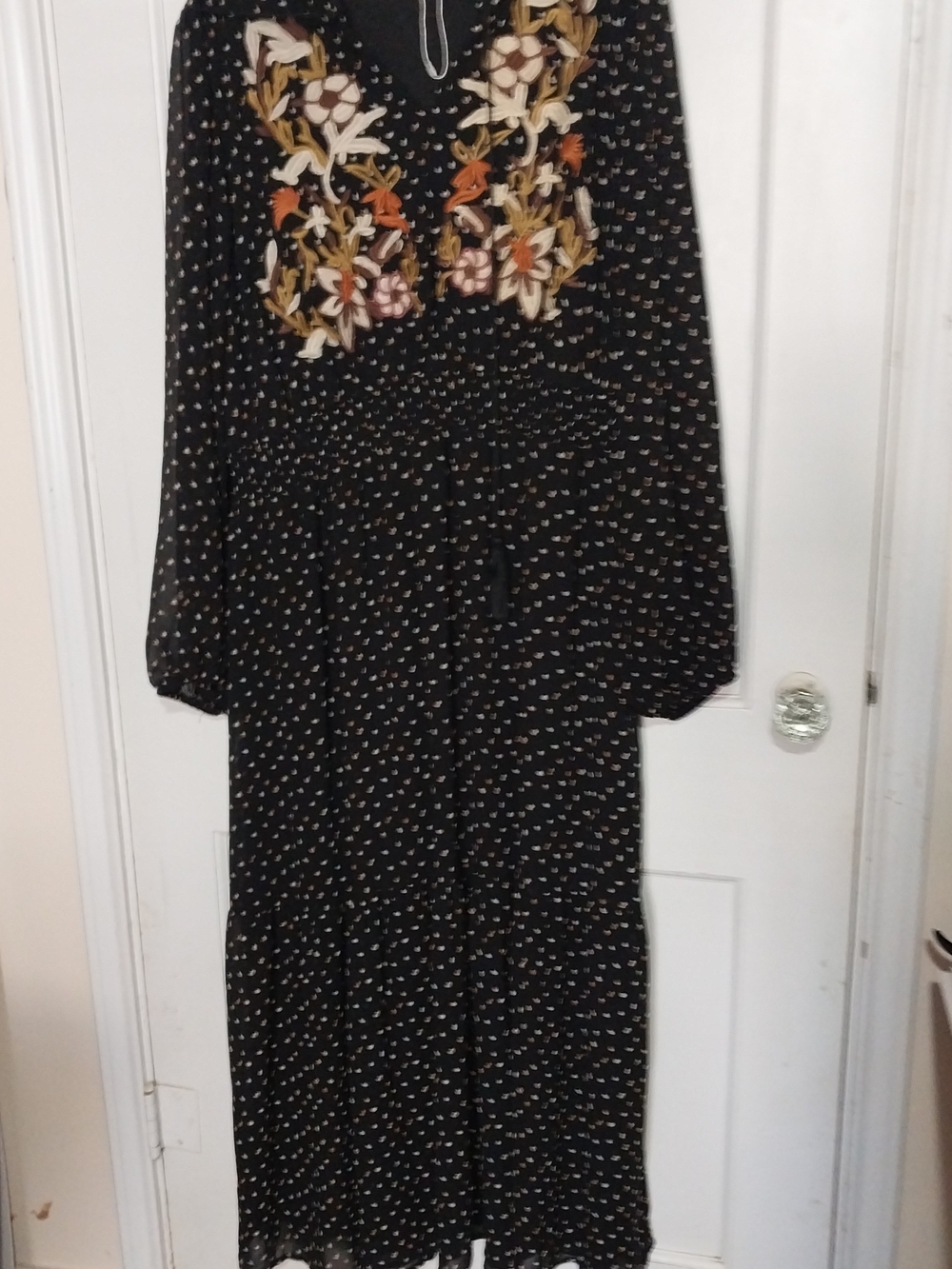 Black Long-Sleeve Embroidered Maxi Dress Black Polka Dot Tasel Size 3X Long 54"